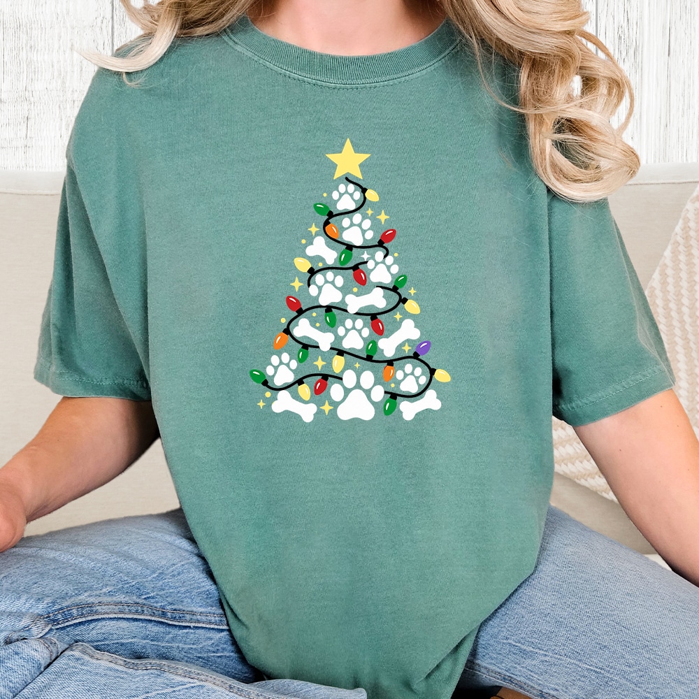 Comfort Colors Christmas Tree Paw And Bones Vintage Washed Tee - Seafoam