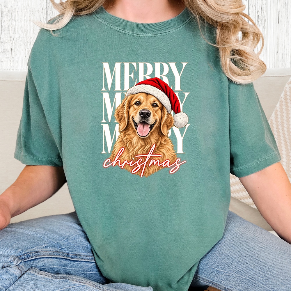 Comfort Colors Merry Merry Merry Christmas Golden Vintage Washed Tee - Seafoam