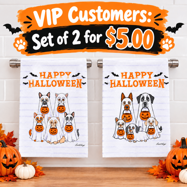 VIP ONLY DEAL! Set of 2 Happy Halloween Pumpkin Kitchen Towels - 1 Dog and 1 Cat Towel