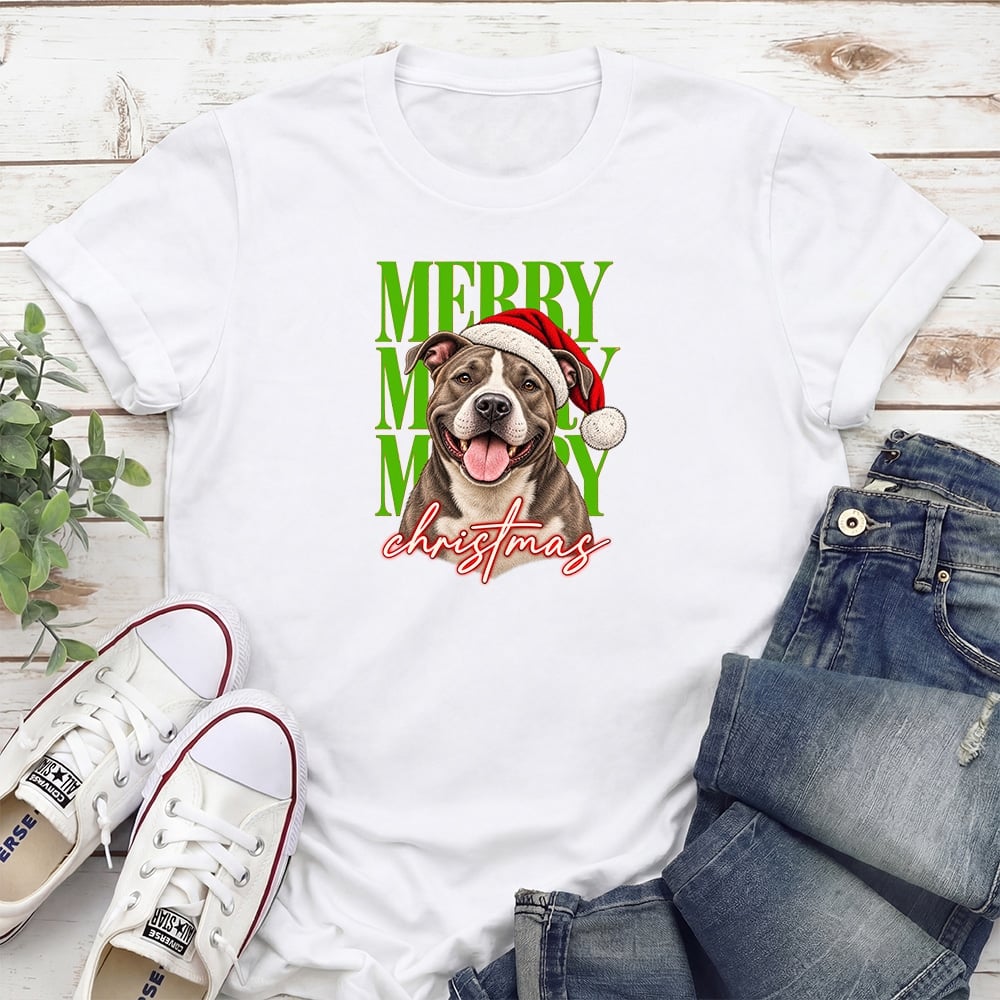 Merry Merry Merry Christmas Pit Bull Standard Tee White