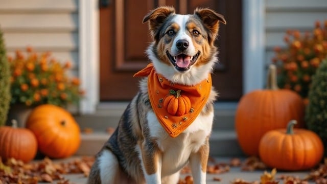 Mixed-breed dog wearing an orange pumpkin Thanksgiving bandana on a fall porch with autumn decorations