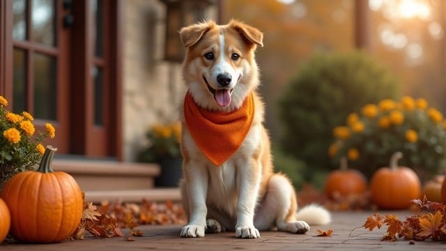 Mixed-breed dog wearing an orange fall bandana sitting on a porch with pumpkins and autumn decorations