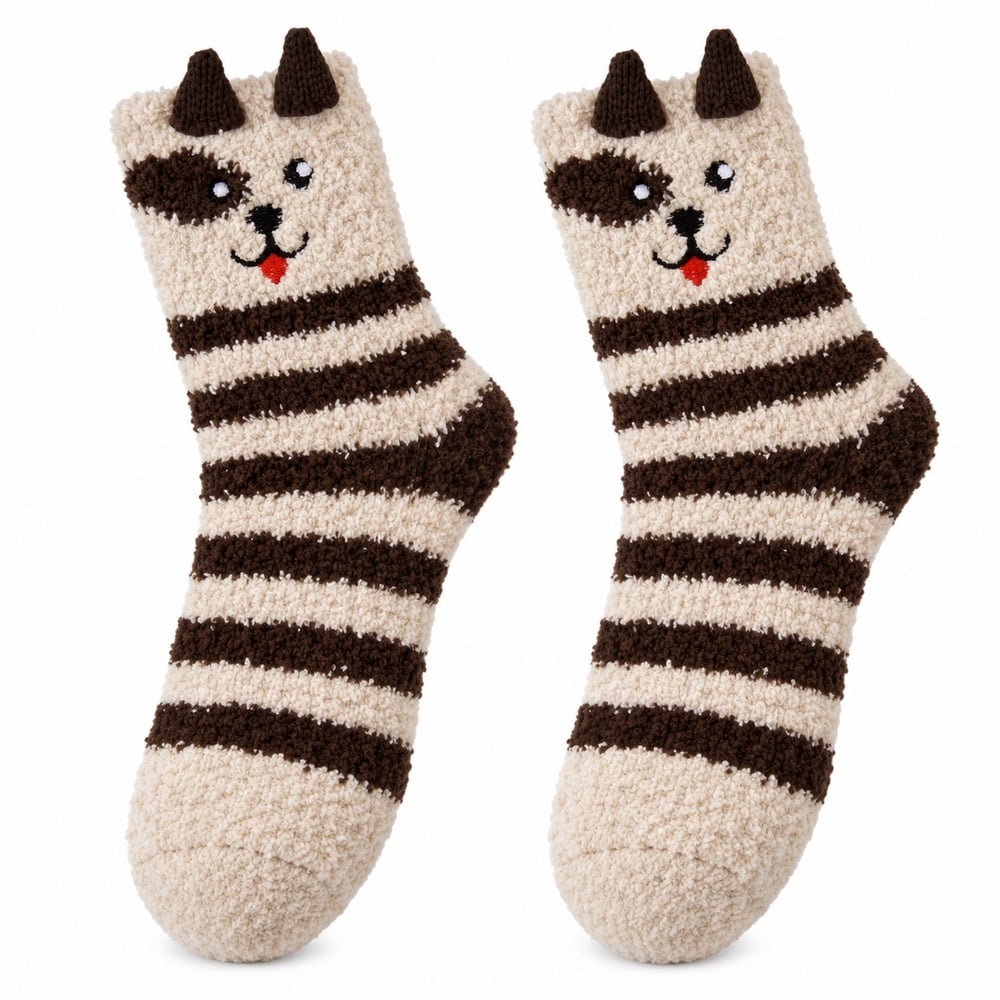 Brown Dog Striped Fuzzy Socks