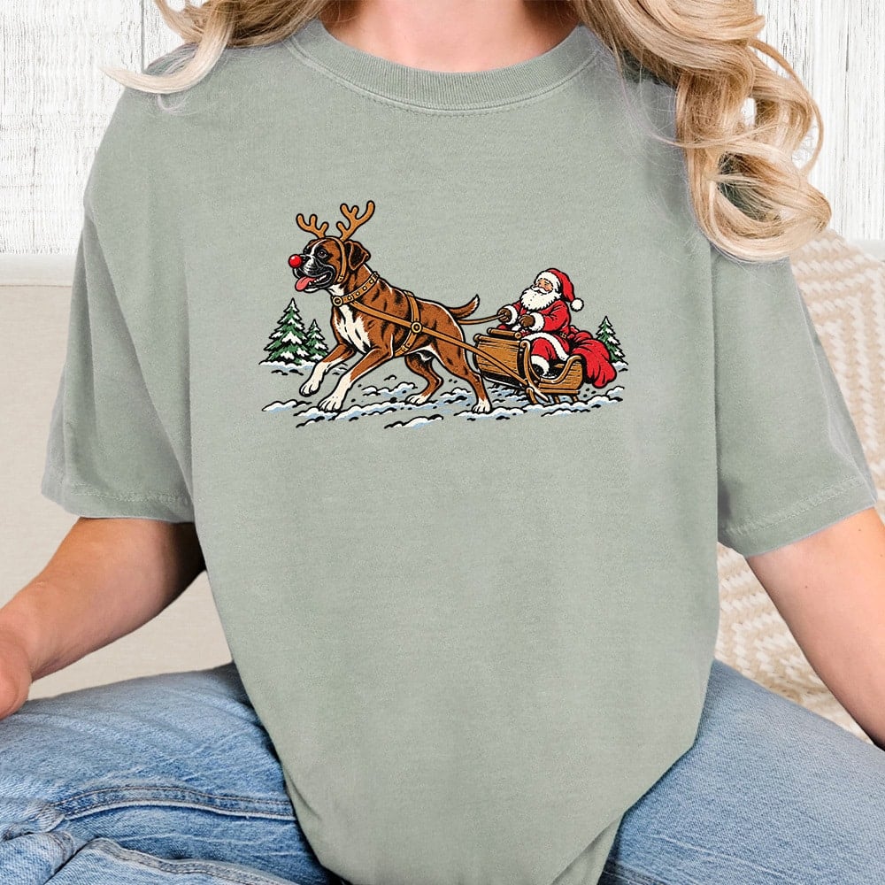 Comfort Colors Boxer Pulling Santa Vintage Washed Tee - Bay