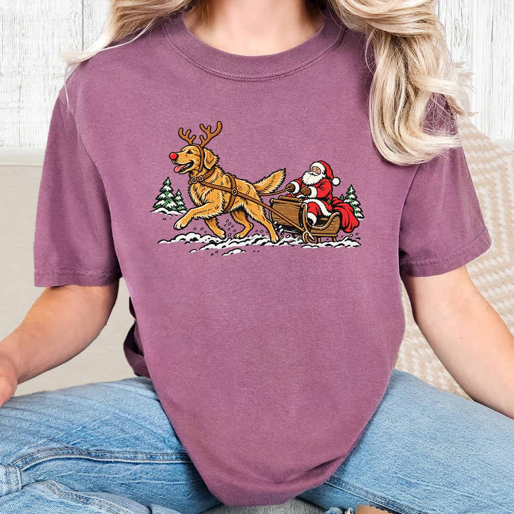 Comfort Colors Golden Pulling Santa Vintage Washed Tee - Berry