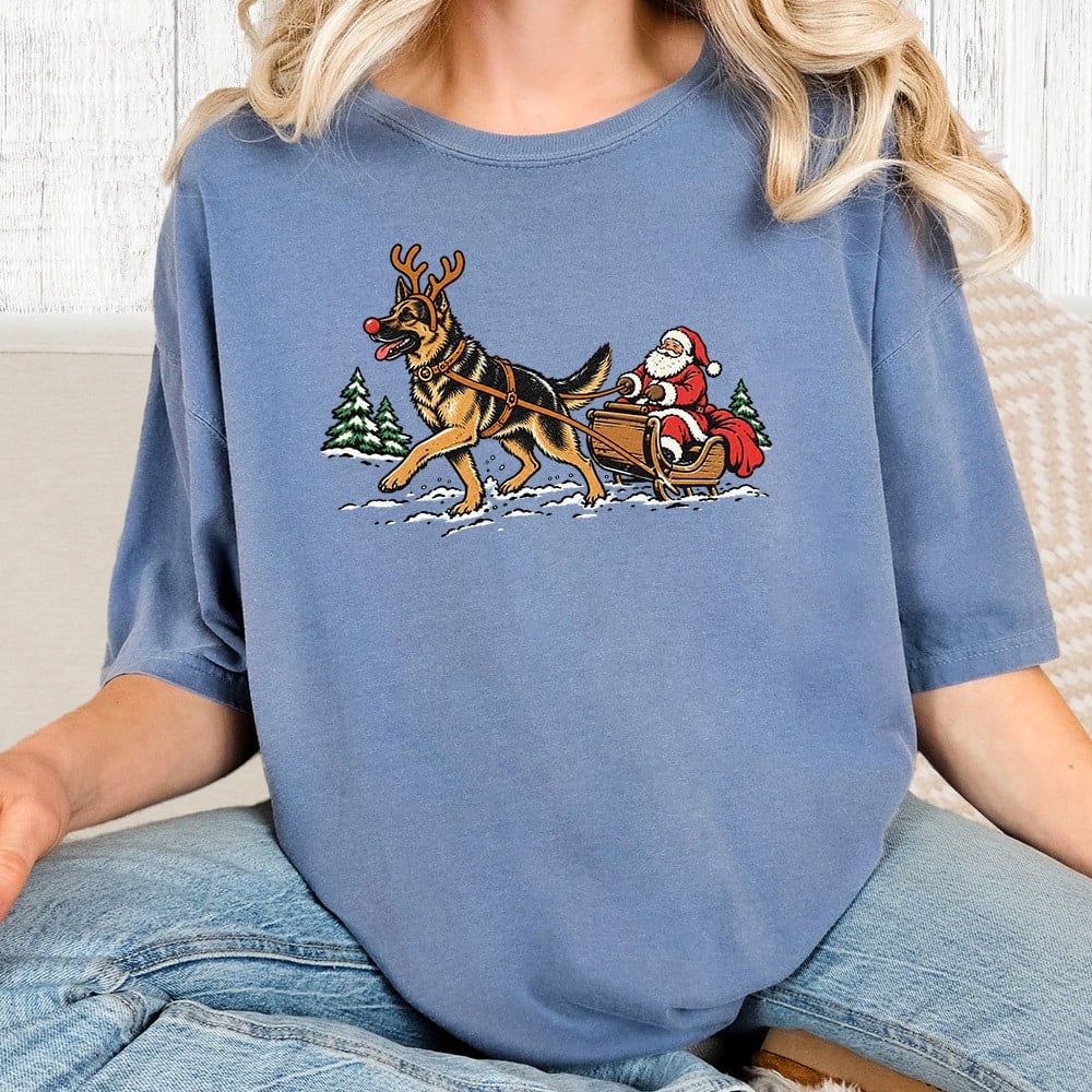 Comfort Colors Shepherd Pulling Santa Vintage Washed Tee - Blue Jean