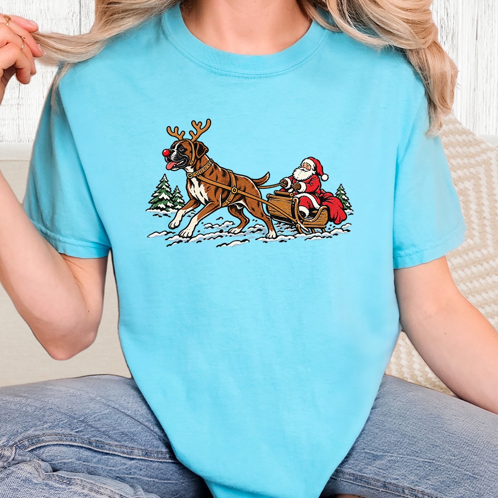 Comfort Colors Boxer Pulling Santa Vintage Washed Tee - Lagoon Blue