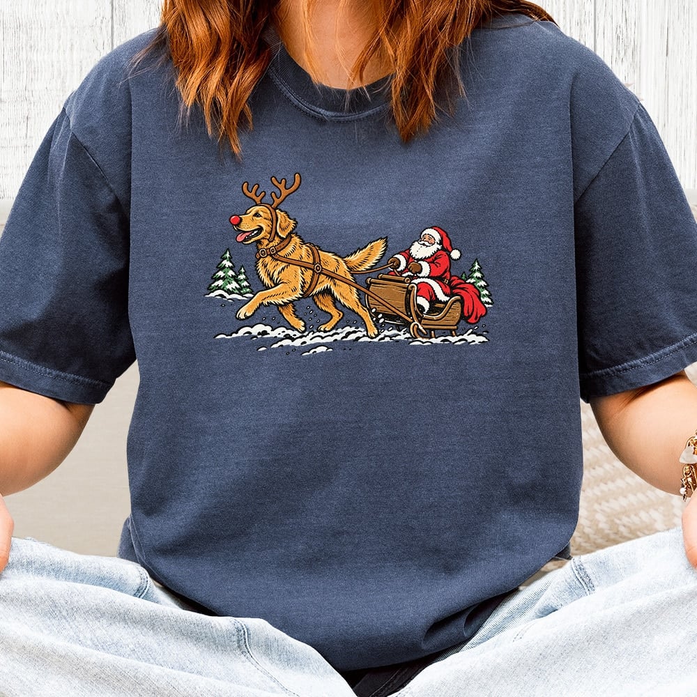 Comfort Colors Golden Pulling Santa Vintage Washed Tee - Denim