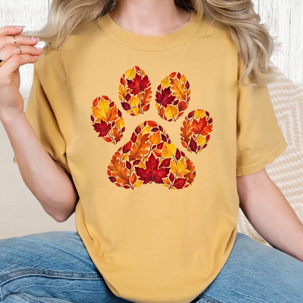 Comfort Colors Fall Leaves Paw Vintage Washed Tee - Mustard