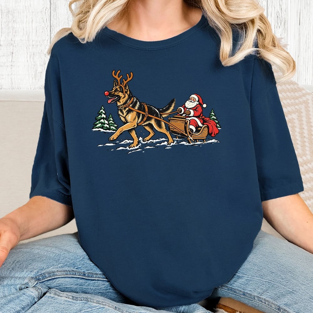 Comfort Colors Shepherd Pulling Santa Vintage Washed Tee - Navy