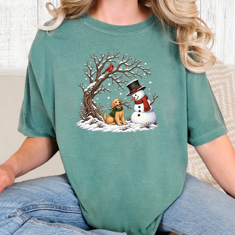 Comfort Colors Snowman With Puppy Vintage Washed Tee - Seafoam