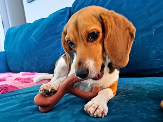 Dog gripping a Nylabone Comfort-Hold Wishbone between her paws — a chew toy with three chewing ends for heavy chewers