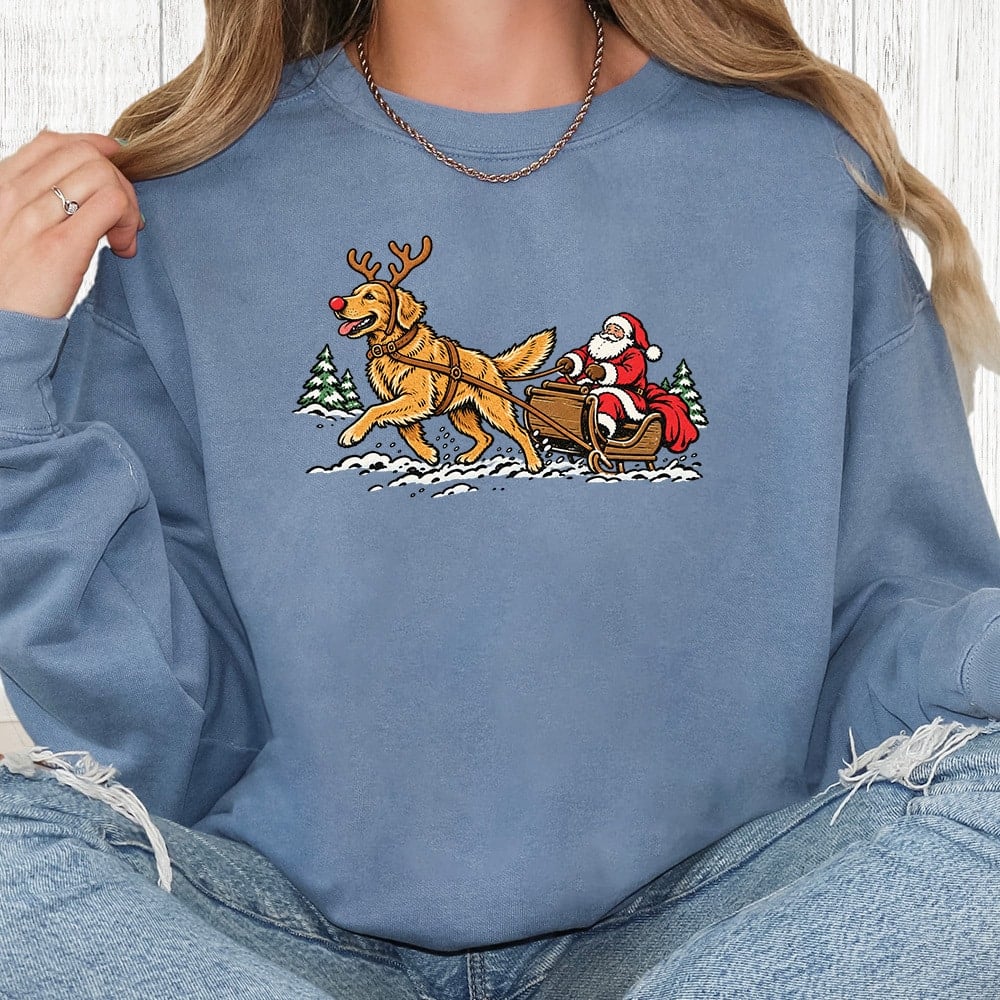 Comfort Colors Golden Pulling Santa Premium Sweatshirt - Blue Jean