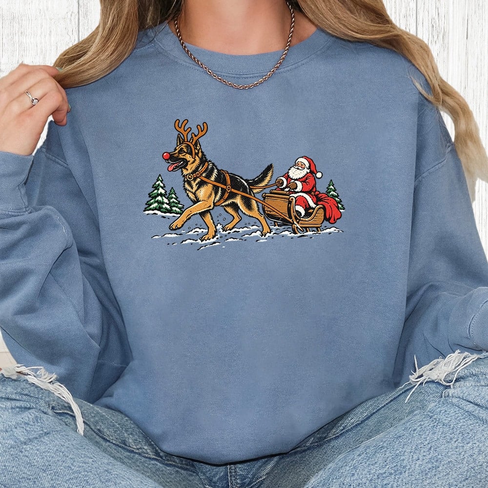 Comfort Colors Shepherd Pulling Santa Premium  Sweatshirt - Blue Jean