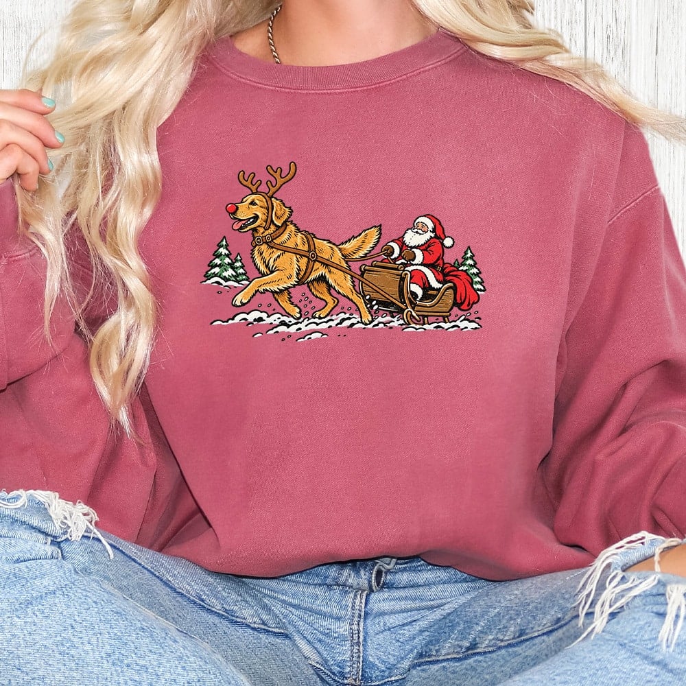 Comfort Colors Golden Pulling Santa Premium Sweatshirt - Crimson