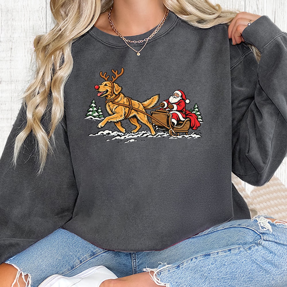 Comfort Colors Golden Pulling Santa Premium Sweatshirt - Pepper