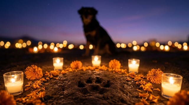 Dog paw print memorial surrounded by glowing candles and marigold petals for Day of the Dead pet remembrance