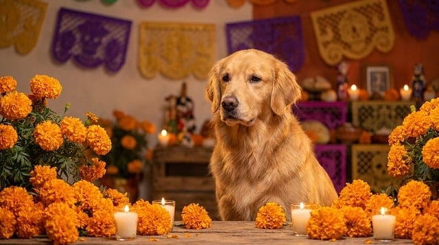 Golden retriever dog surrounded by vibrant orange marigold flowers on a Day of the Dead pet ofrenda
