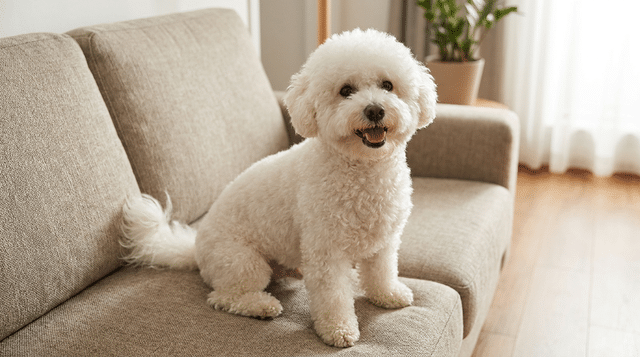 Fluffy Bichon Frise dog, an adaptable and cat-friendly breed