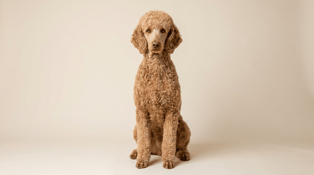 Standard Poodle with curly coat, an intelligent breed great with cats