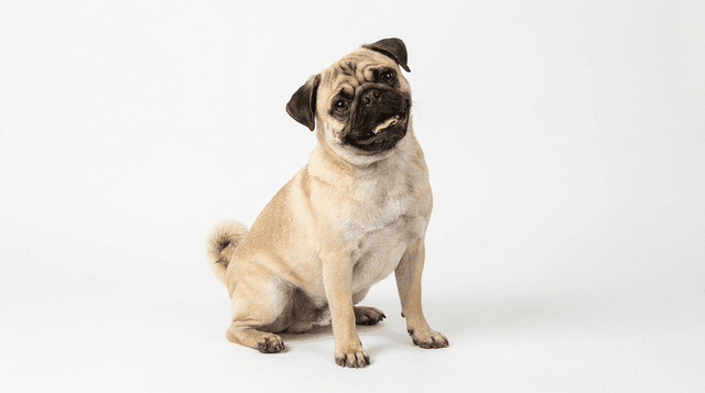 Pug dog looking at camera, a great breed for multi-pet households with cats