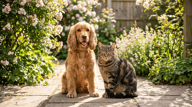A dog and cat sitting happily together in a sunny garden