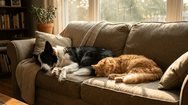 Dog and cat resting together peacefully on a couch