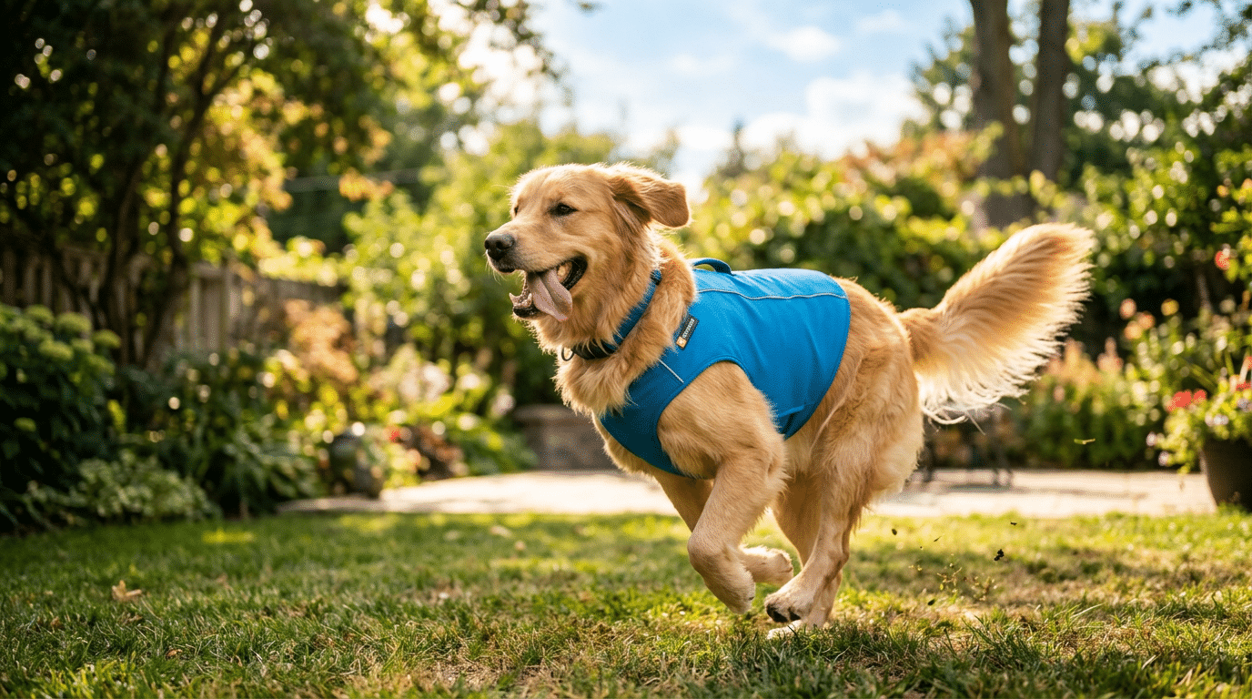 Happy dog wearing a cooling vest running in the backyard on a hot summer day