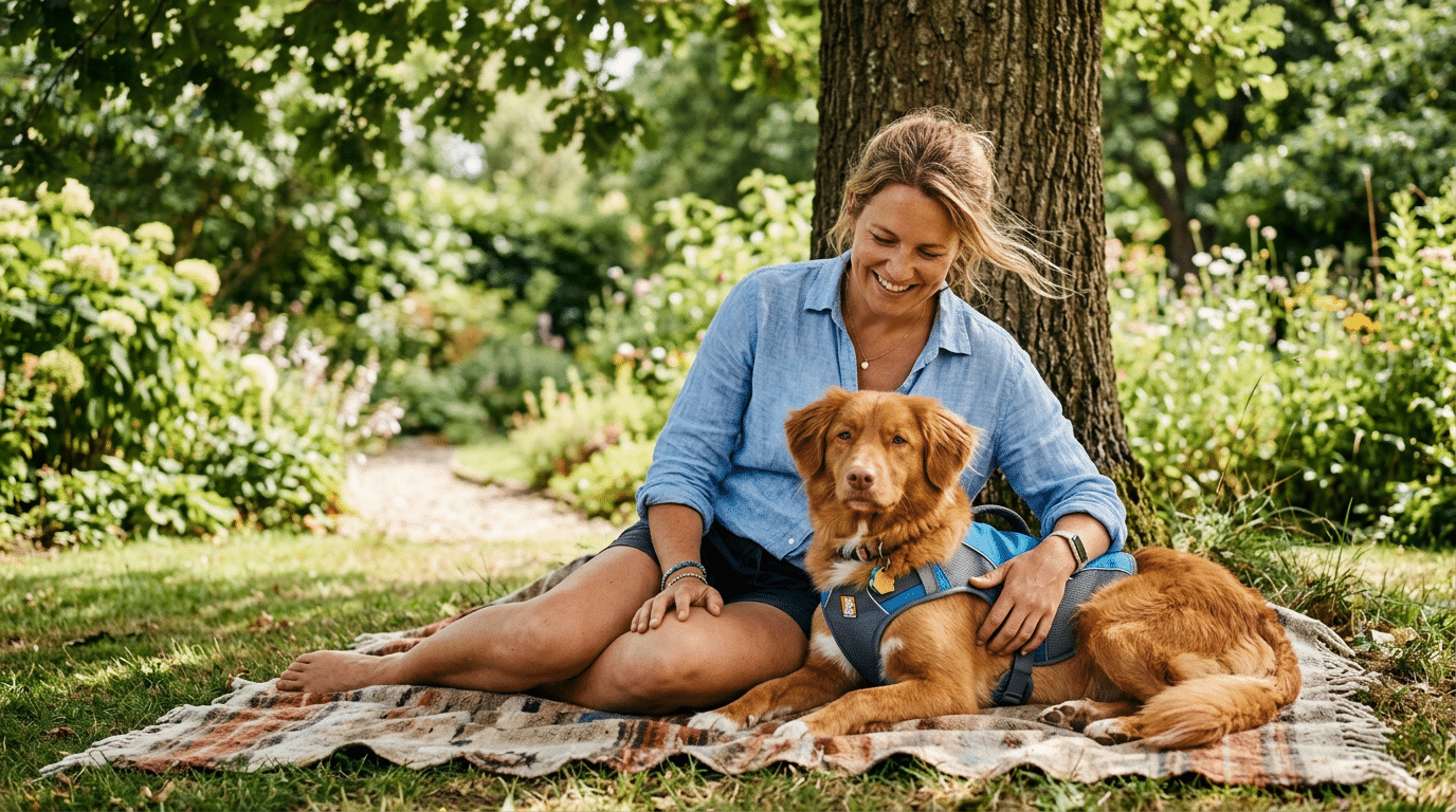 Woman and dog relaxing outdoors in summer with a dog cooling vest