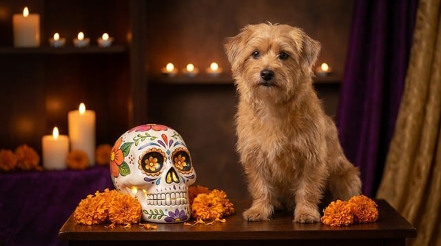 Fluffy dog sitting beside Día de Muertos sugar skull and marigold flowers for a Day of the Dead FAQ