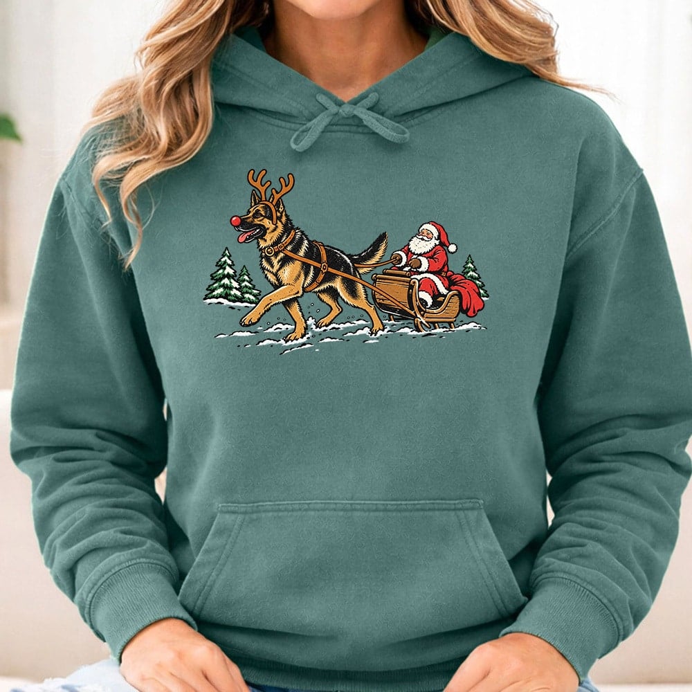 Comfort Colors Shepherd Pulling Santa Premium Hoodie Light Green