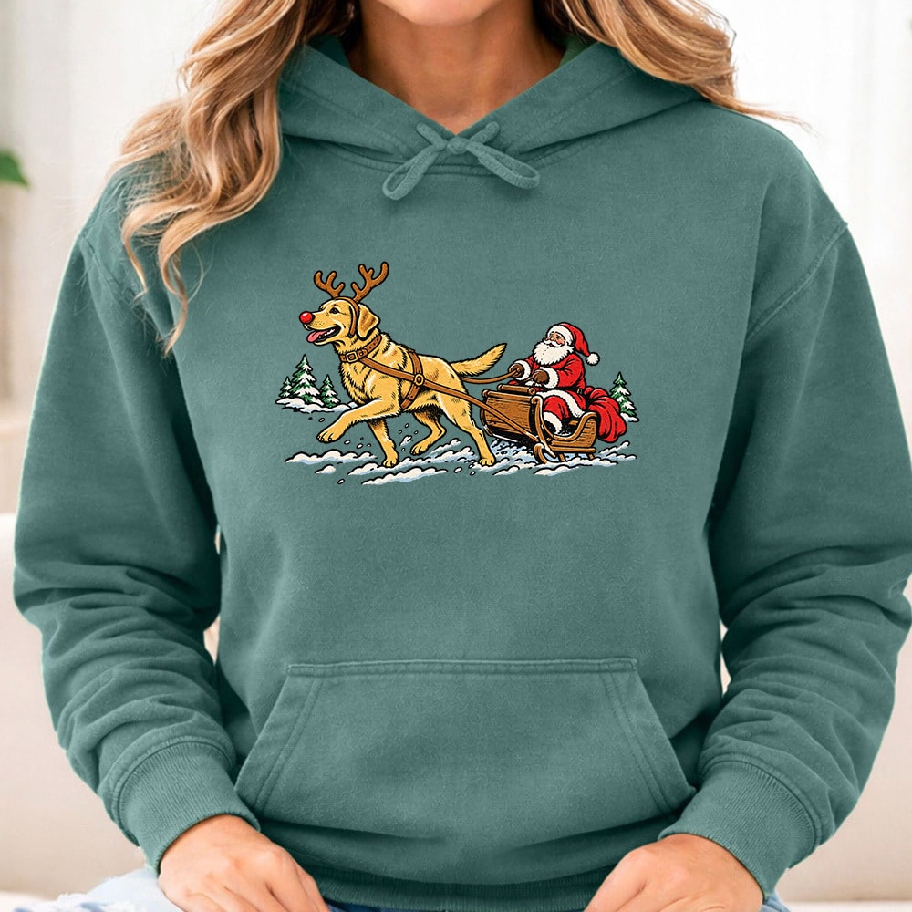 Comfort Colors Lab Pulling Santa Premium Hoodie Light Green