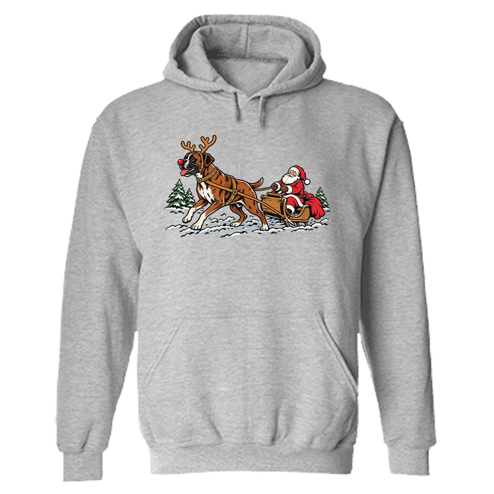 Boxer Pulling Santa Hoodie Heather Grey