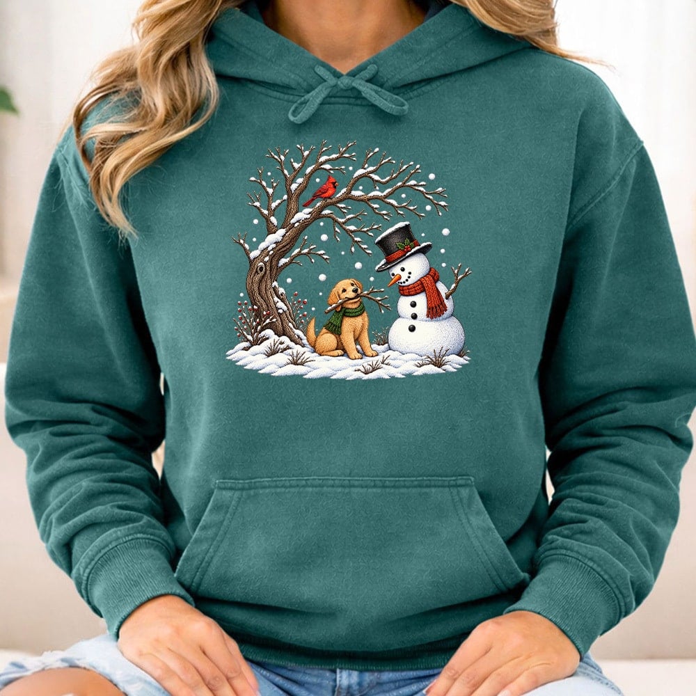 Comfort Colors Snowman With Puppy Premium Hoodie Blue Spruce