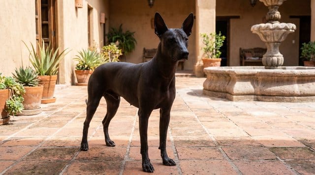 Xoloitzcuintli dog standing in courtyard showcasing rare hairless breed