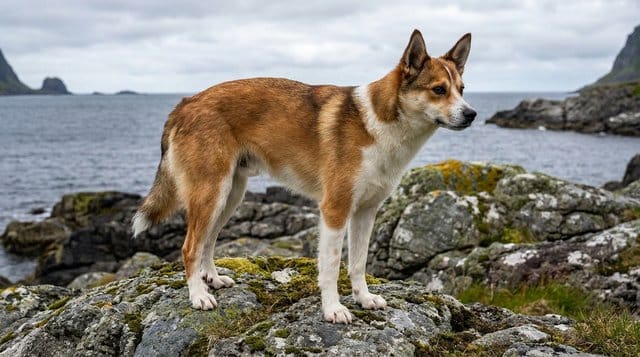 Norwegian Lundehund rare Nordic breed on rocky coastal terrain