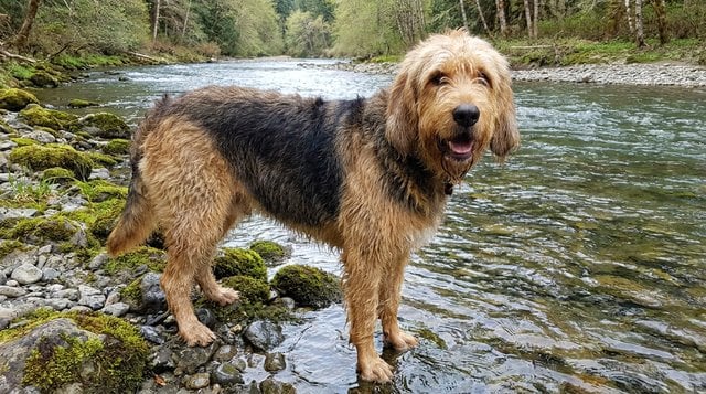 Otterhound rare water dog breed near river bank