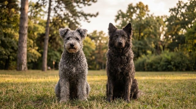 Pumi and Mudi dogs sitting together representing the variety among cute rare dog breeds