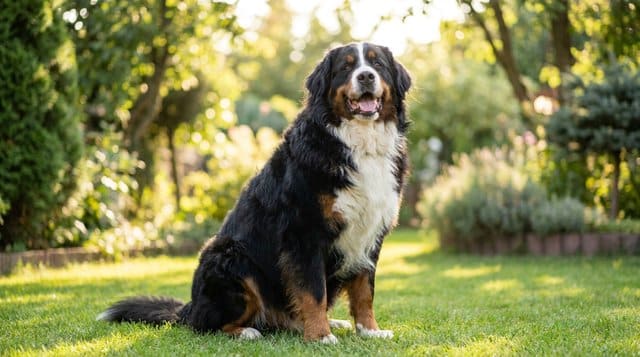 Bernese Mountain Dog with tri-color coat sitting happily outdoors, one of the most cheerful large dog breeds