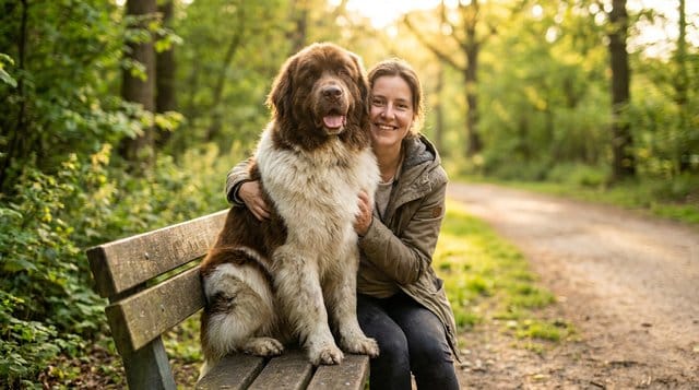Large gentle giant dog sitting with owner on a park bench showing their special bond
