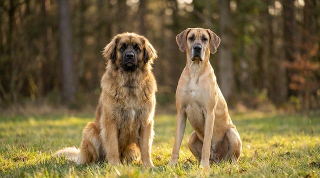 Two gentle giant dog breeds sitting together showing their friendly and calm nature