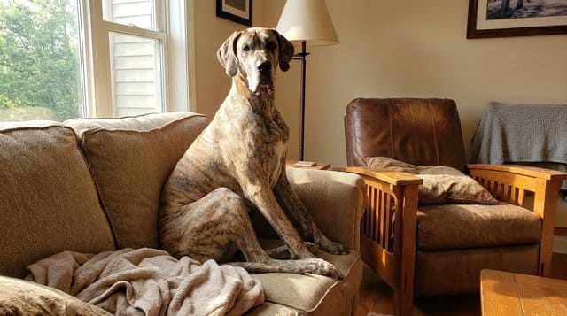 Great Dane dog sitting tall indoors showing its enormous height and elegant gentle-giant frame