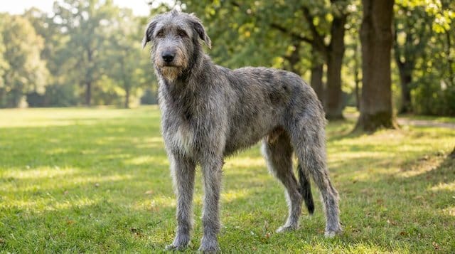 Irish Wolfhound dog standing gracefully in a park, the tallest gentle giant breed with a wiry grey coat