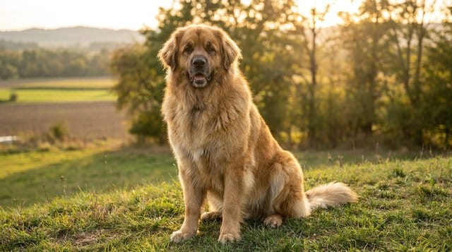 Leonberger dog with magnificent lion-like mane and golden coat, a majestic gentle giant breed loved for its warmth