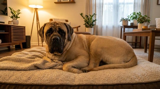 English Mastiff dog relaxing indoors, the heavyweight champion of large dog breeds that are gentle giants