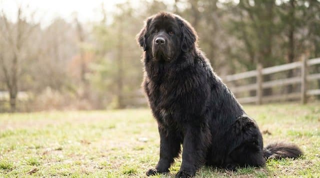 Newfoundland dog with thick black coat sitting calmly showing its devoted gentle giant nature