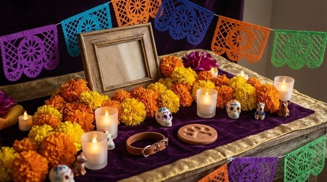 Pet ofrenda altar arrangement with marigold flowers, candles, photo frame, and dog collar for Día de Muertos