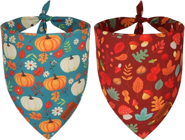 PTDECOR reversible fall dog bandanas with pumpkin and autumn leaf Thanksgiving prints