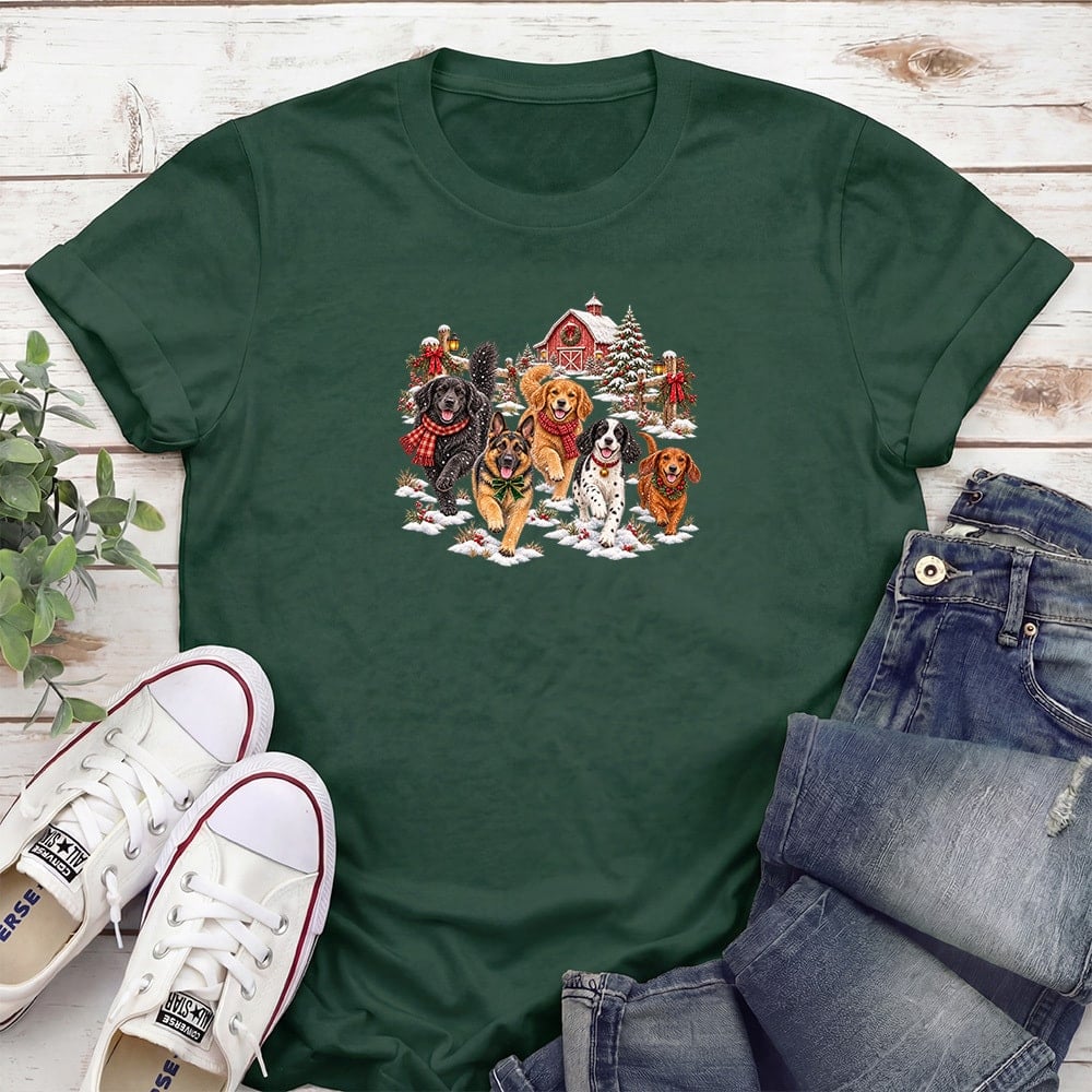 Winter Snow Dogs Standard Tee Forest Green