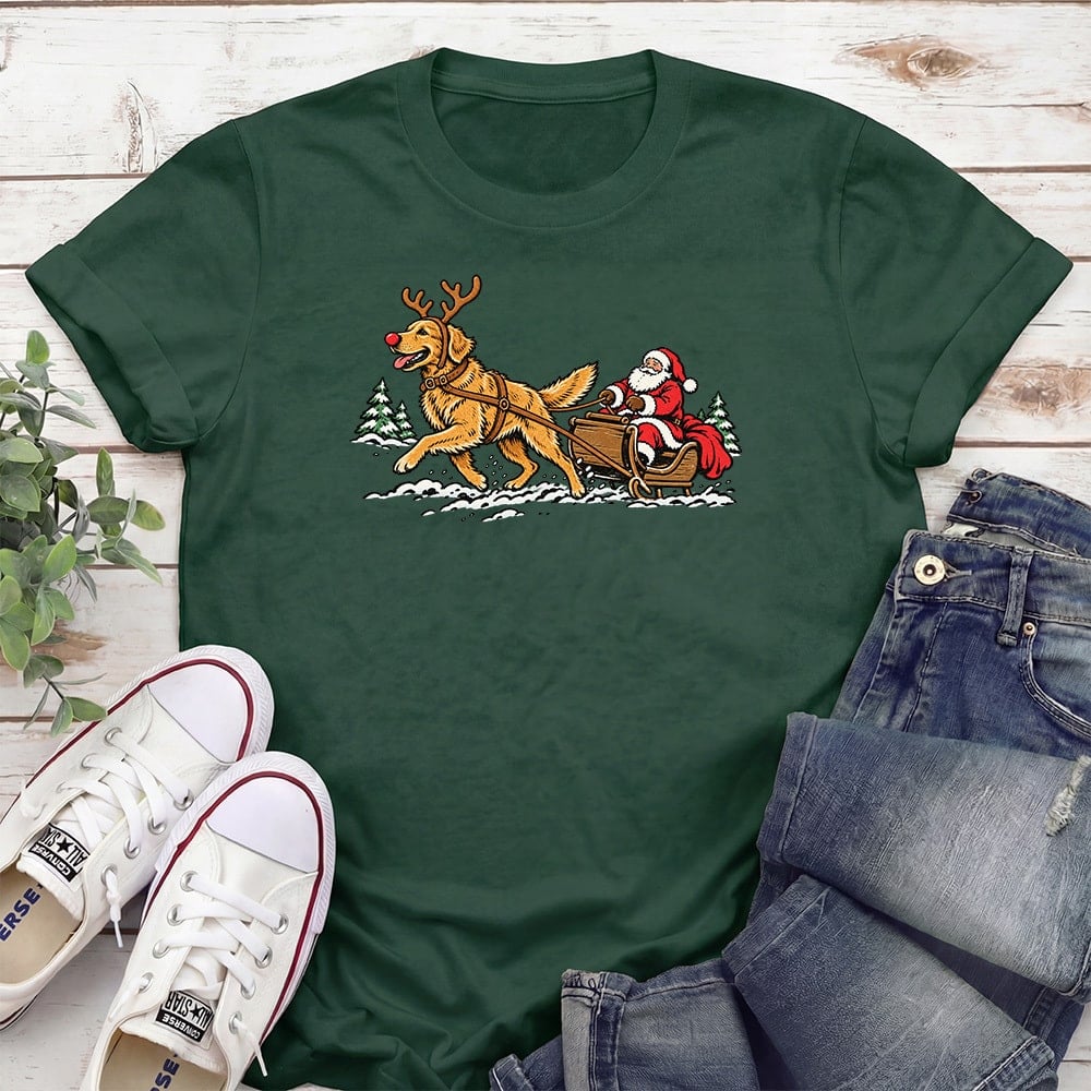 Golden Pulling Santa Standard Tee Forest Green